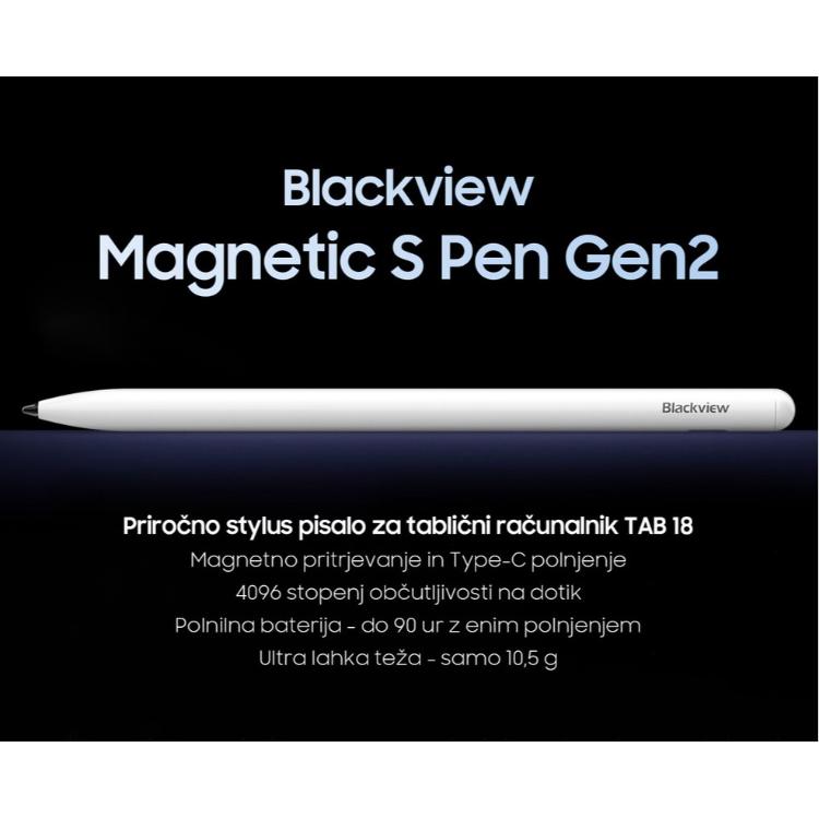 Pisalo za tablico BlackView Magnetic S Pen Gen2, stylus pisalo za TAB 18, magnetno pritrjevanje, 4096 stopenj občutljivosti, polnilna baterija, USB Type-C polnjenje, ultra lahka teža, bela