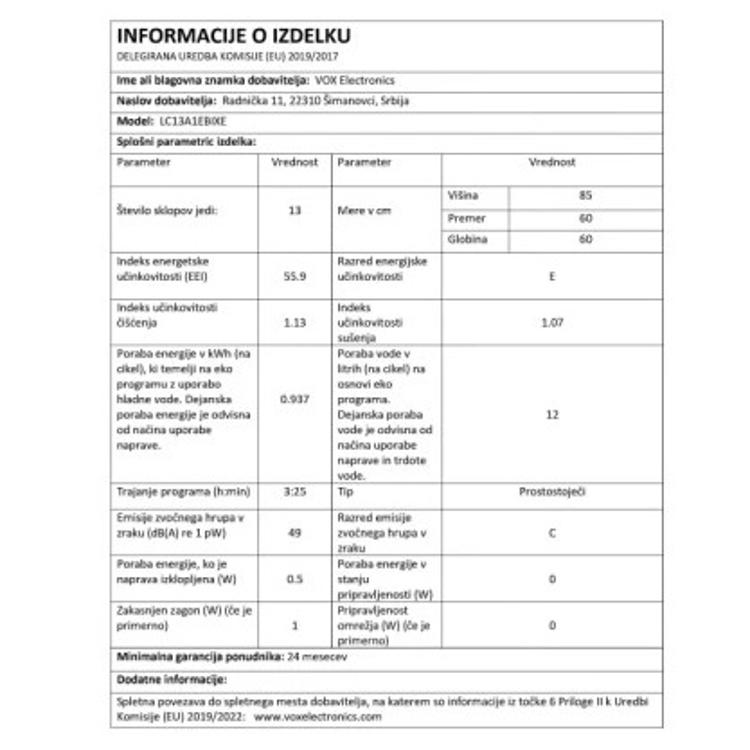 Pomivalni stroj VOX LC 13A1E-B IX E, 13 pogr., 6 programov, inox, 60 cm